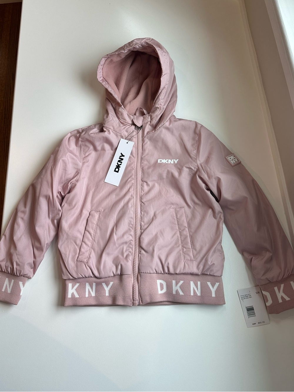 NWT DKNY Girls Fleece Lined Nylon Hooded Jacket Elastic Waistband Cuffs Size 5/6
